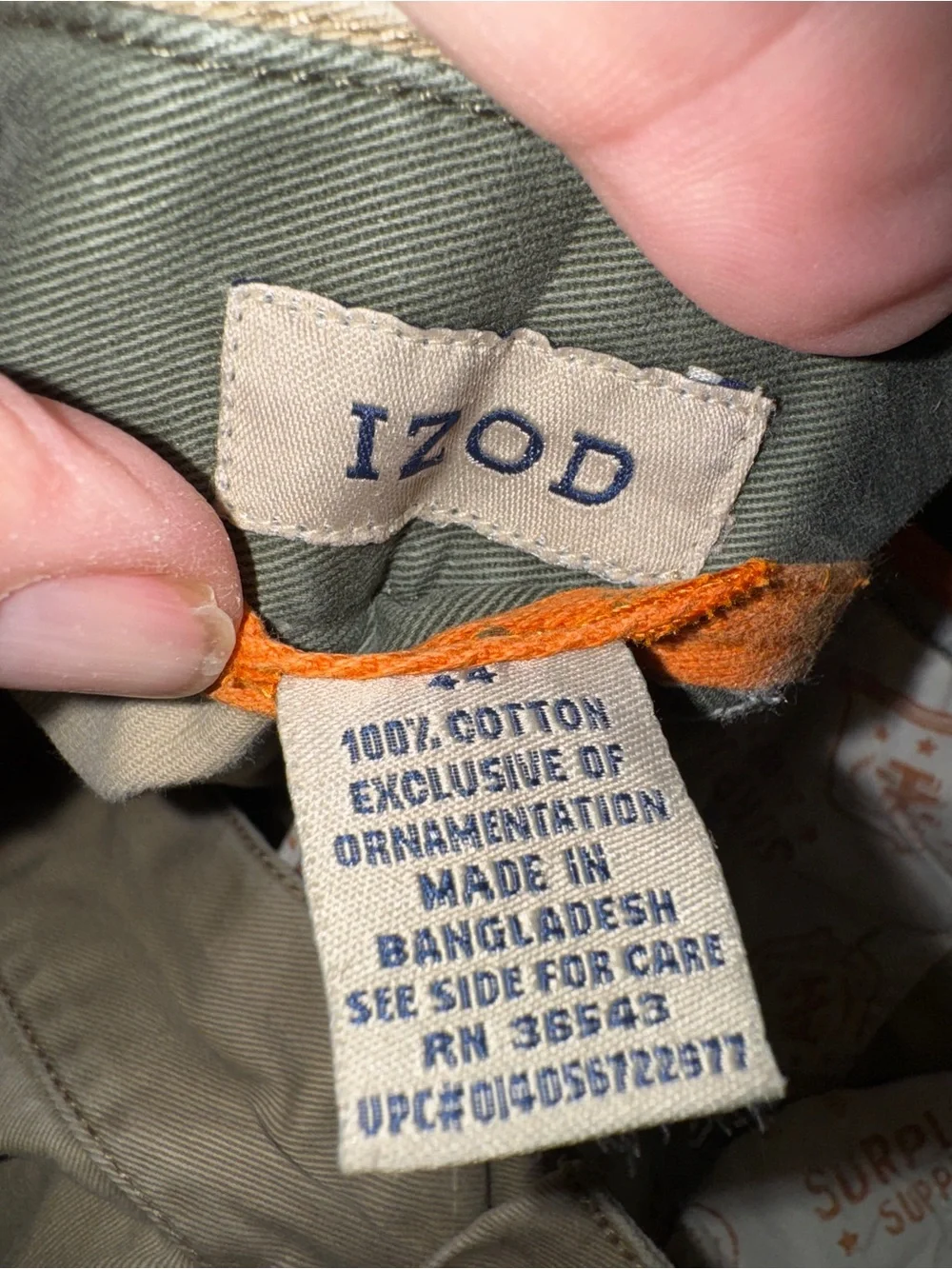 Izod Men's cargo Shorts in Olive Green with Orange Trim